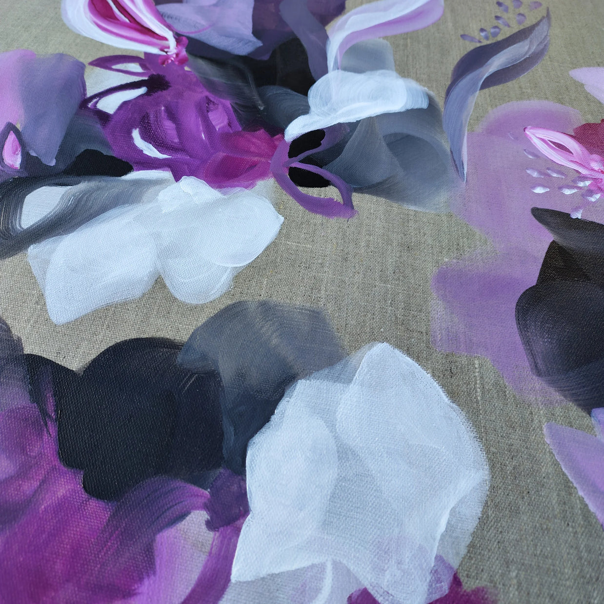 Floral inspired abstract art, purple, lilac, mauve white, charcoal and grey on a linen canvas