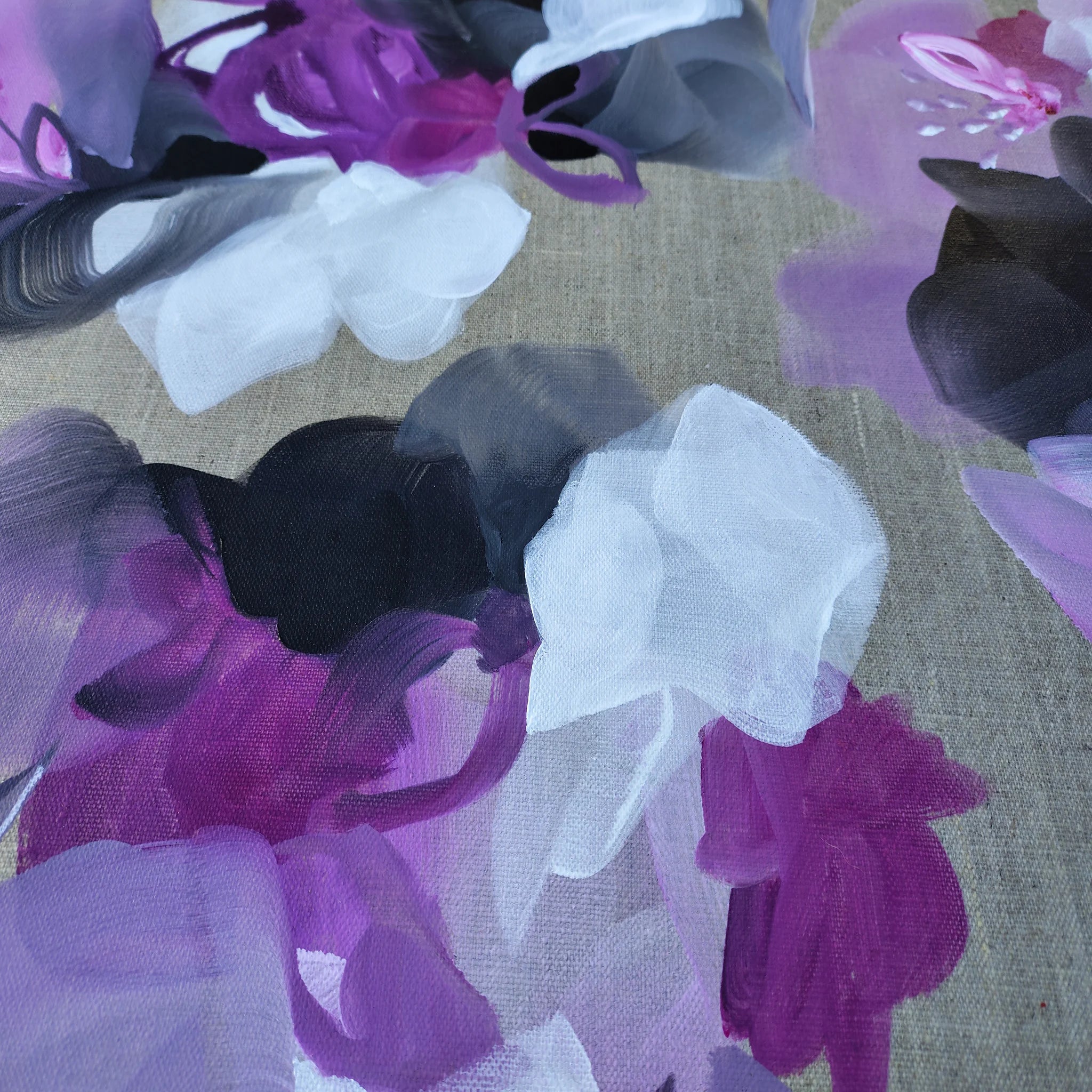 Floral inspired abstract art, purple, lilac, mauve white, charcoal and grey on a linen canvas