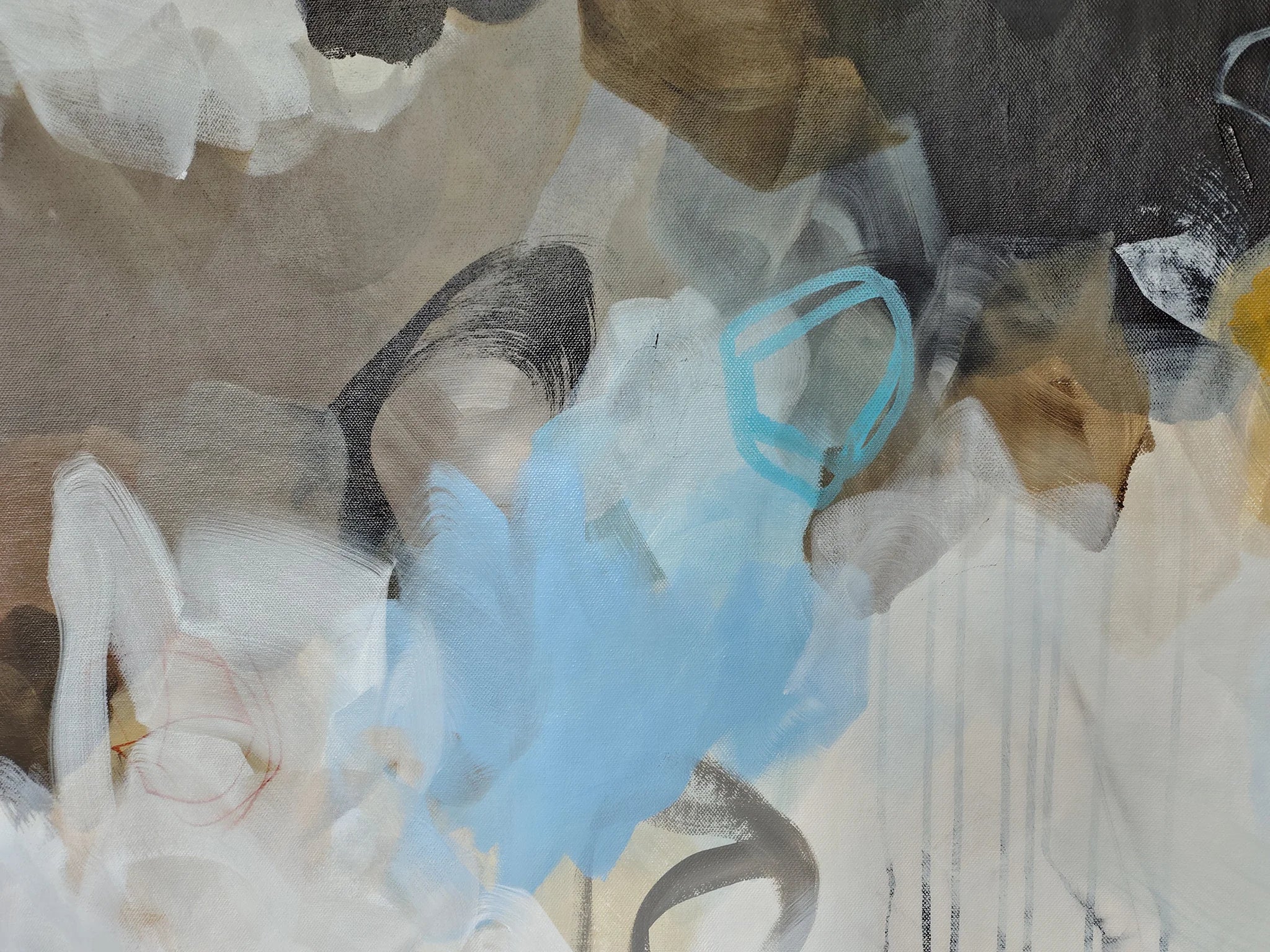 Collage of abstract shapes and colors with a blue plastic bag.