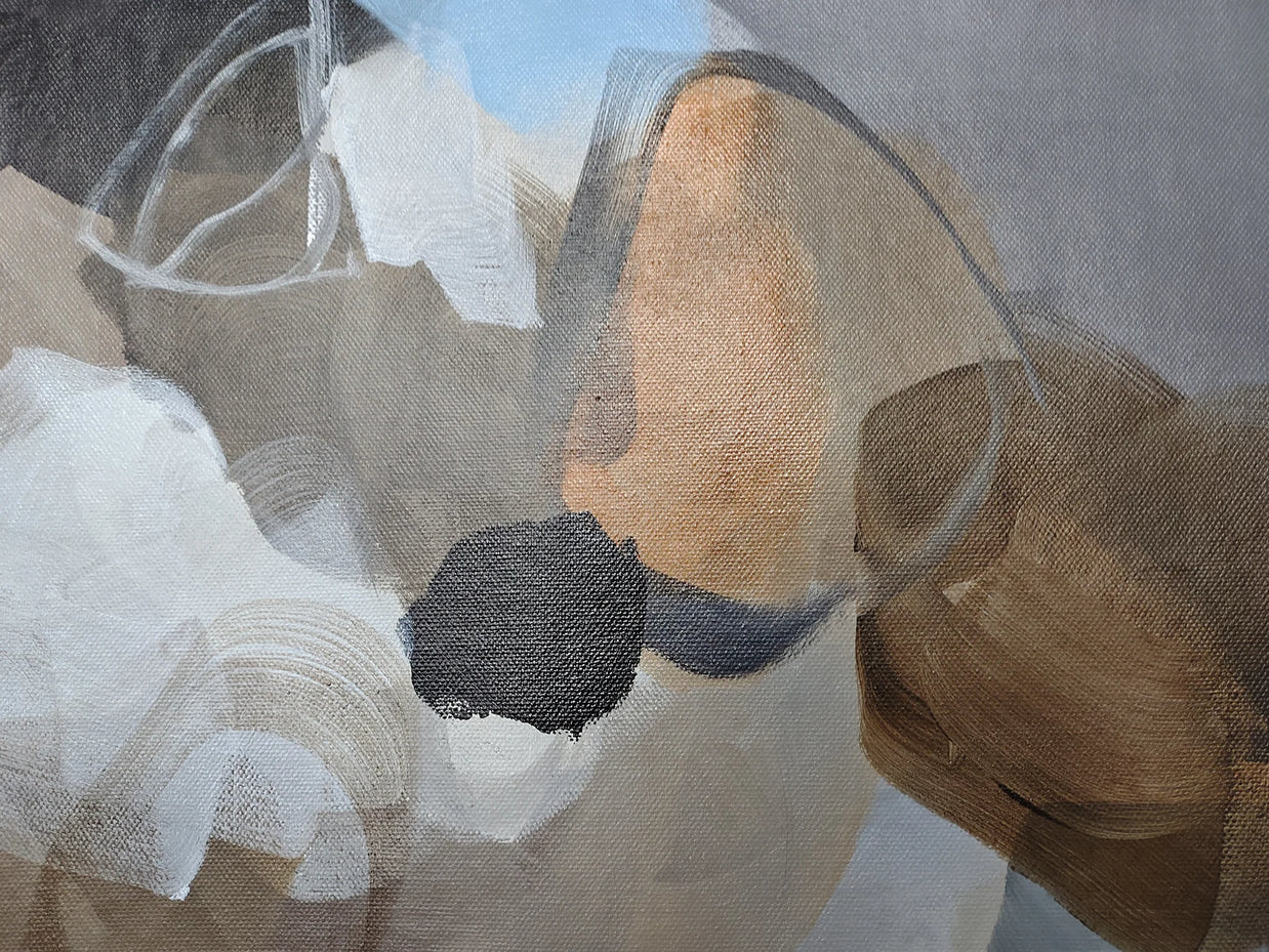 Abstract art with geometric shapes in brown, black, and white on a gray background