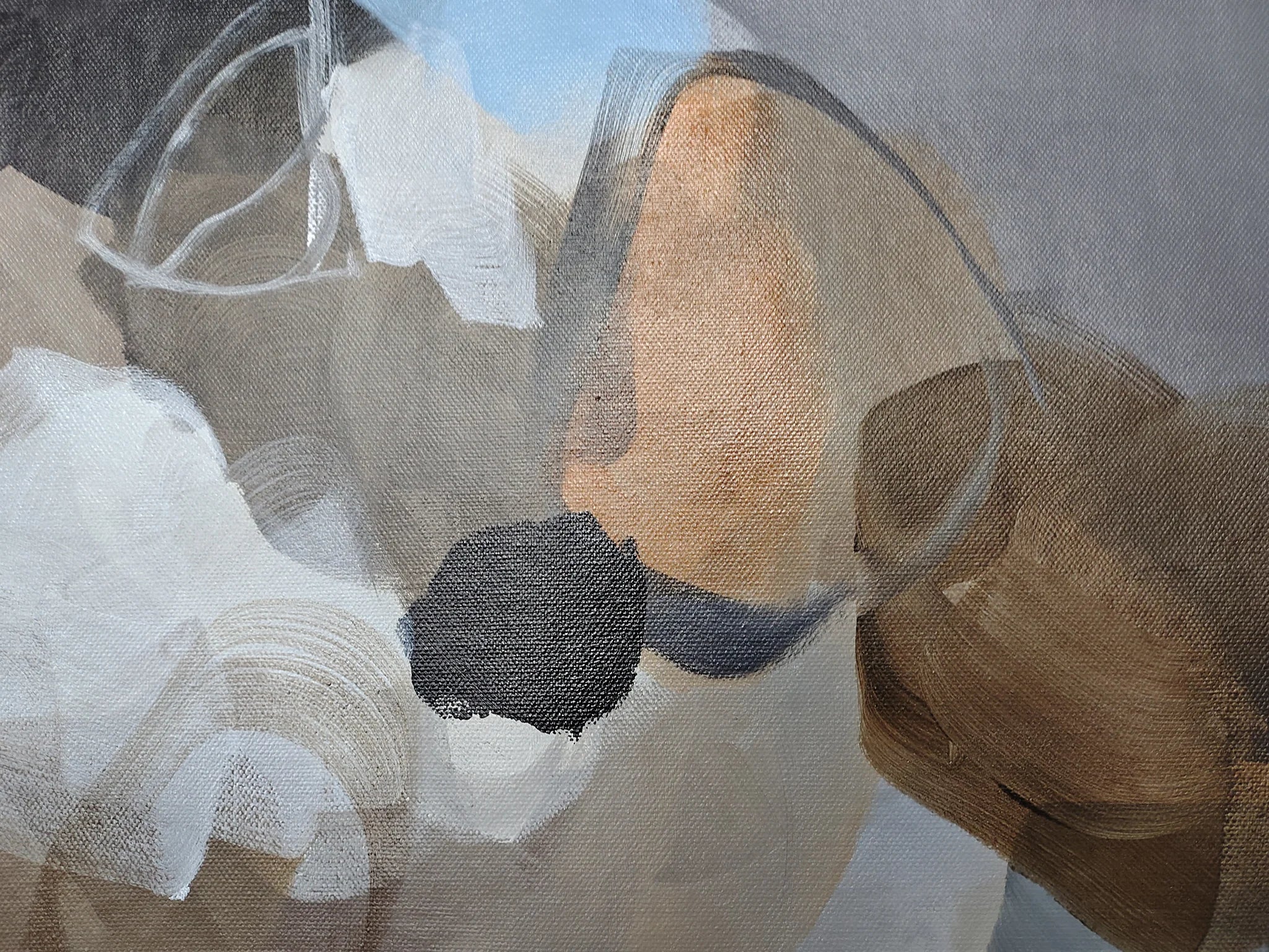 Abstract art with geometric shapes in brown, black, and white on a gray background