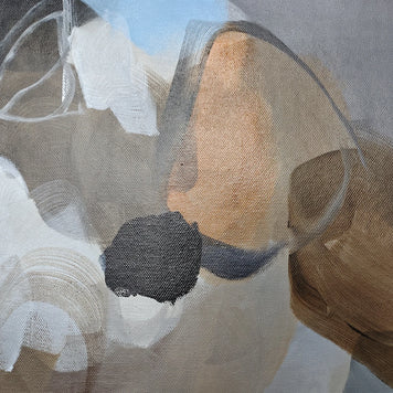 Abstract art with geometric shapes in brown, black, and white on a gray background