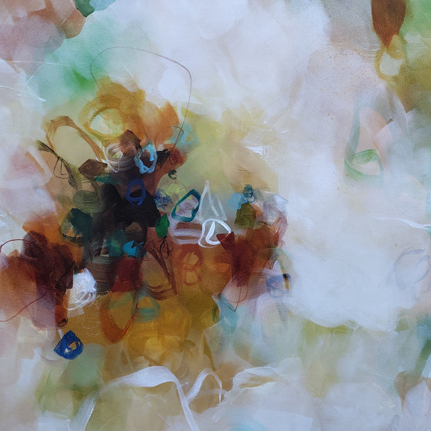 Close-up of a textured fabric with colorful patterns and fibers.