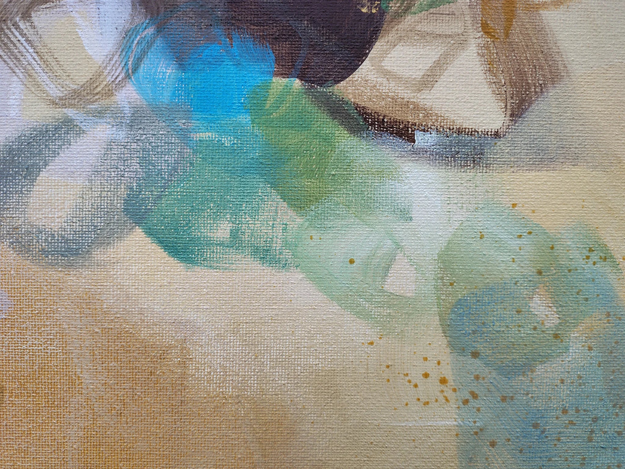 Abstract art with blue, green, and beige colors on a textured surface