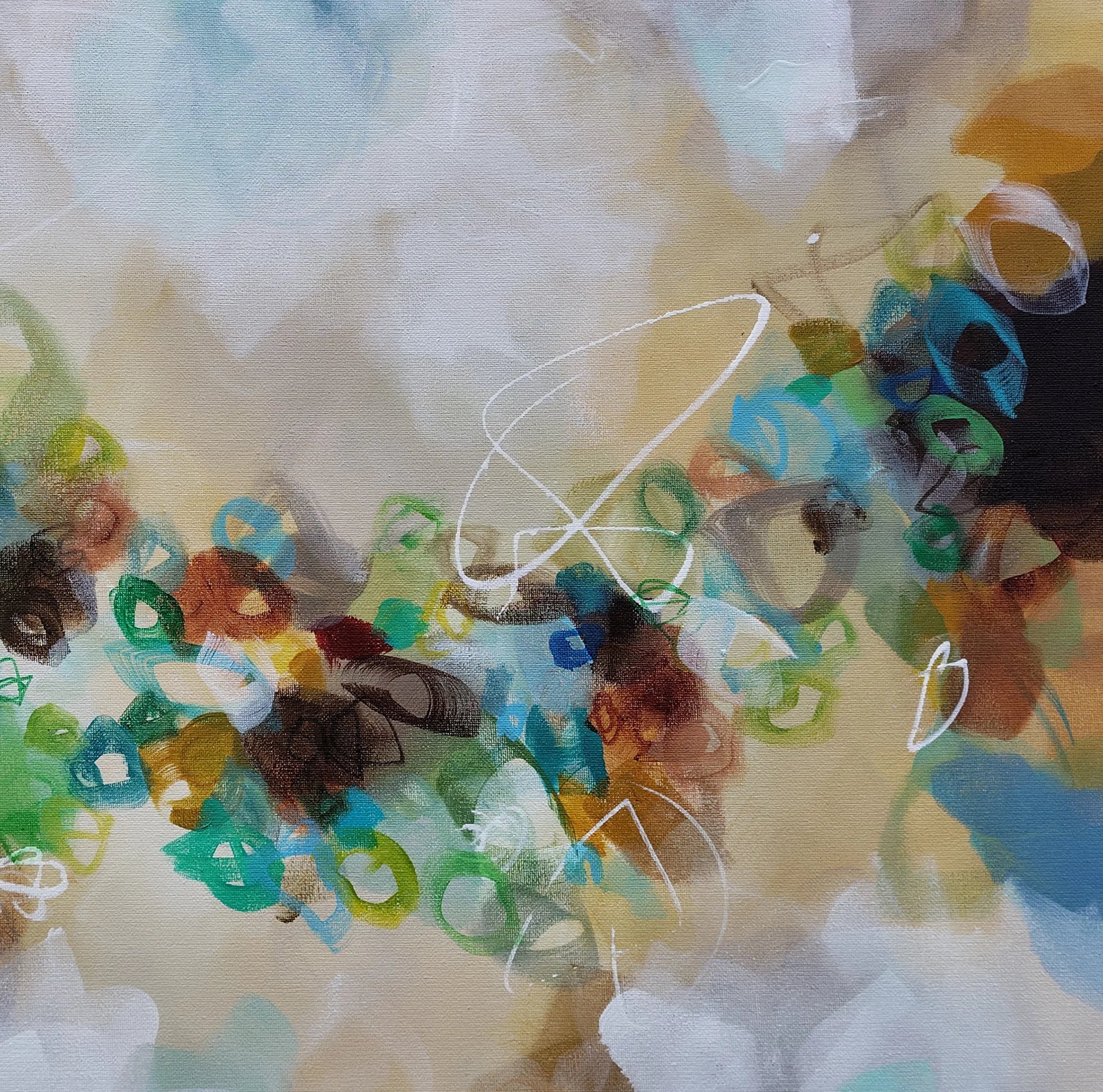 Abstract art with colorful flowers and geometric shapes on a textured background