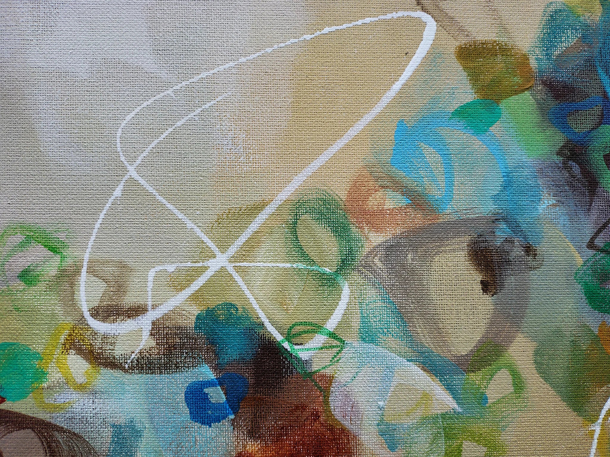 Abstract painting with colorful shapes and lines on a textured beige background