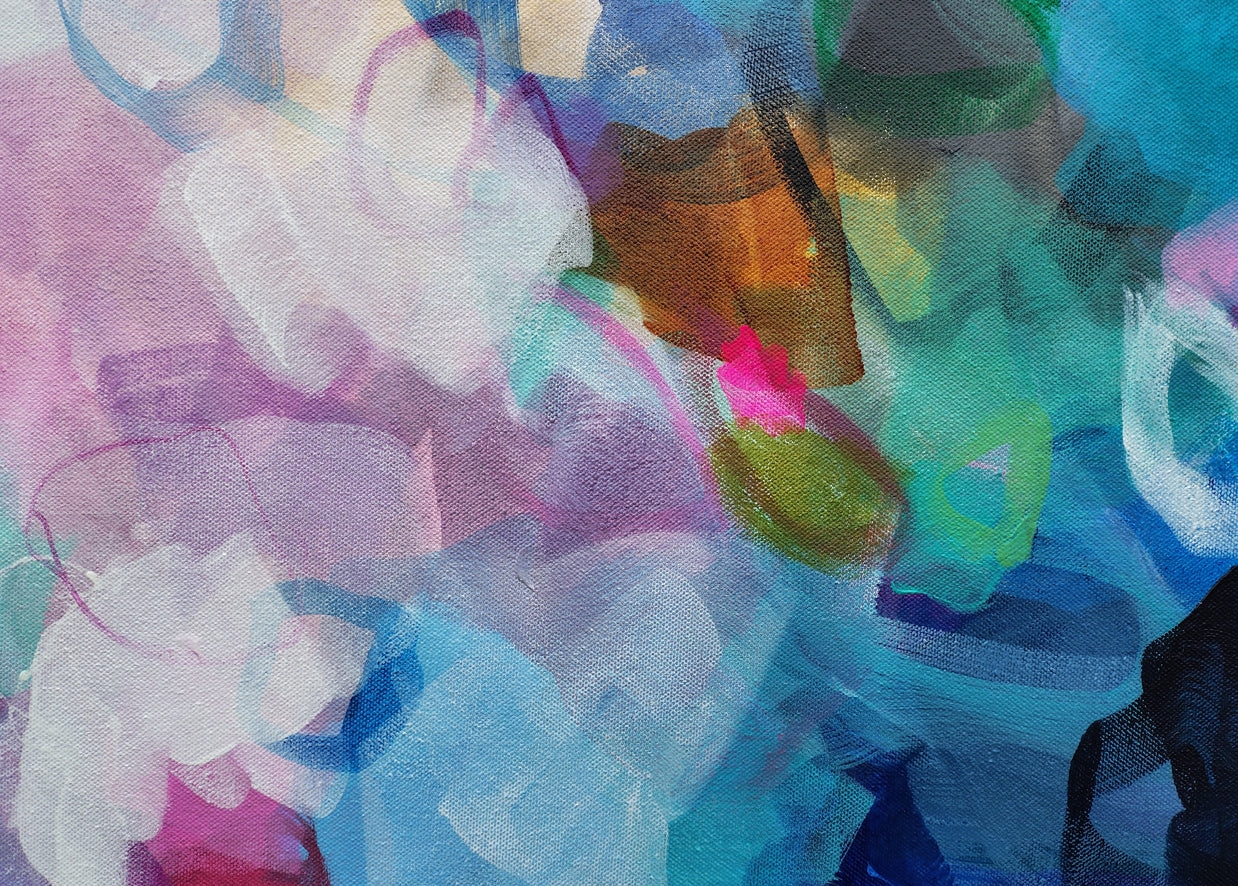 Abstract artwork with colorful brush strokes on a textured surface