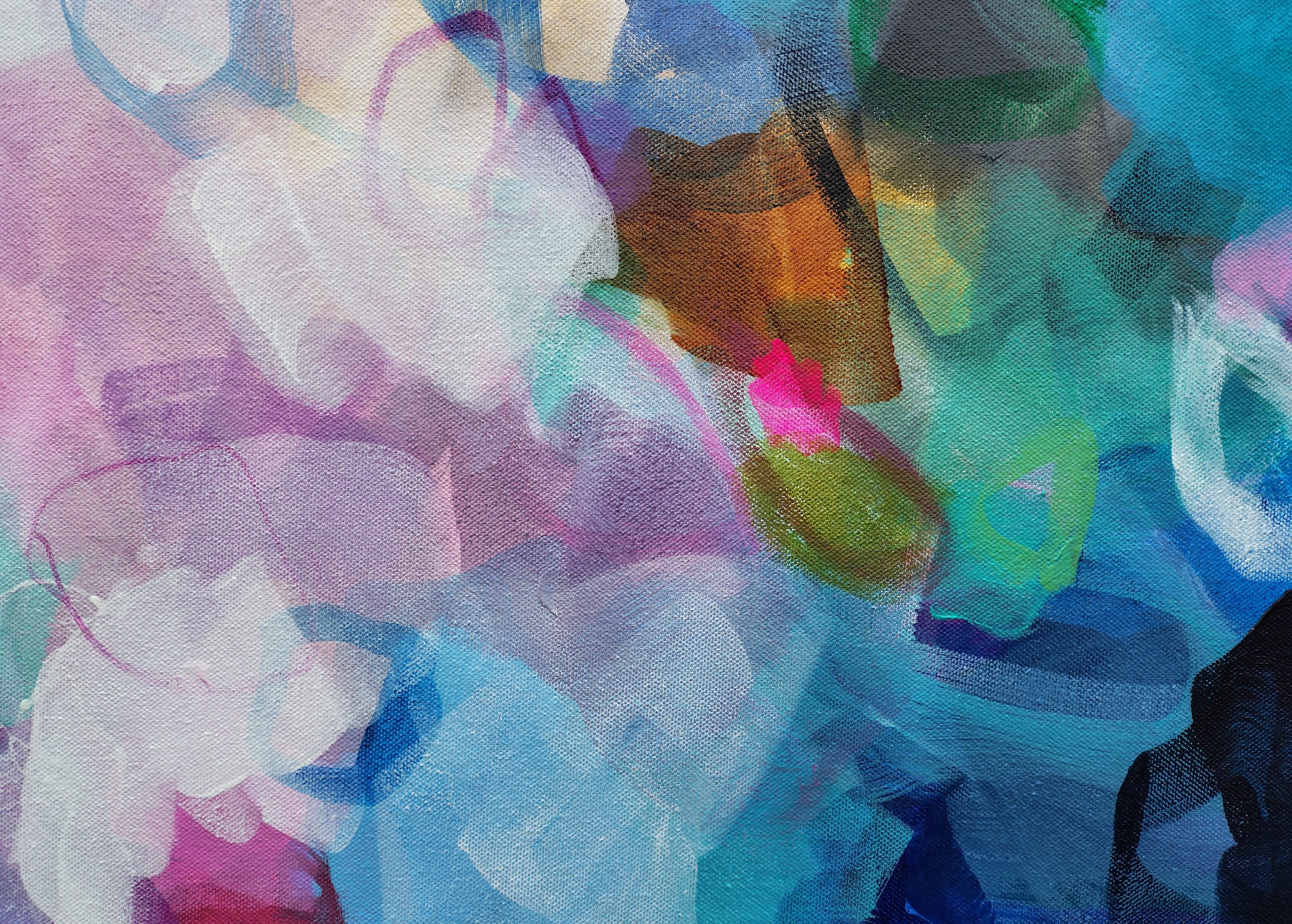 Abstract artwork with colorful brush strokes on a textured surface