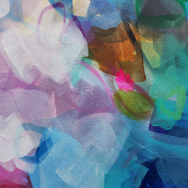 Abstract artwork with colorful brush strokes on a textured surface