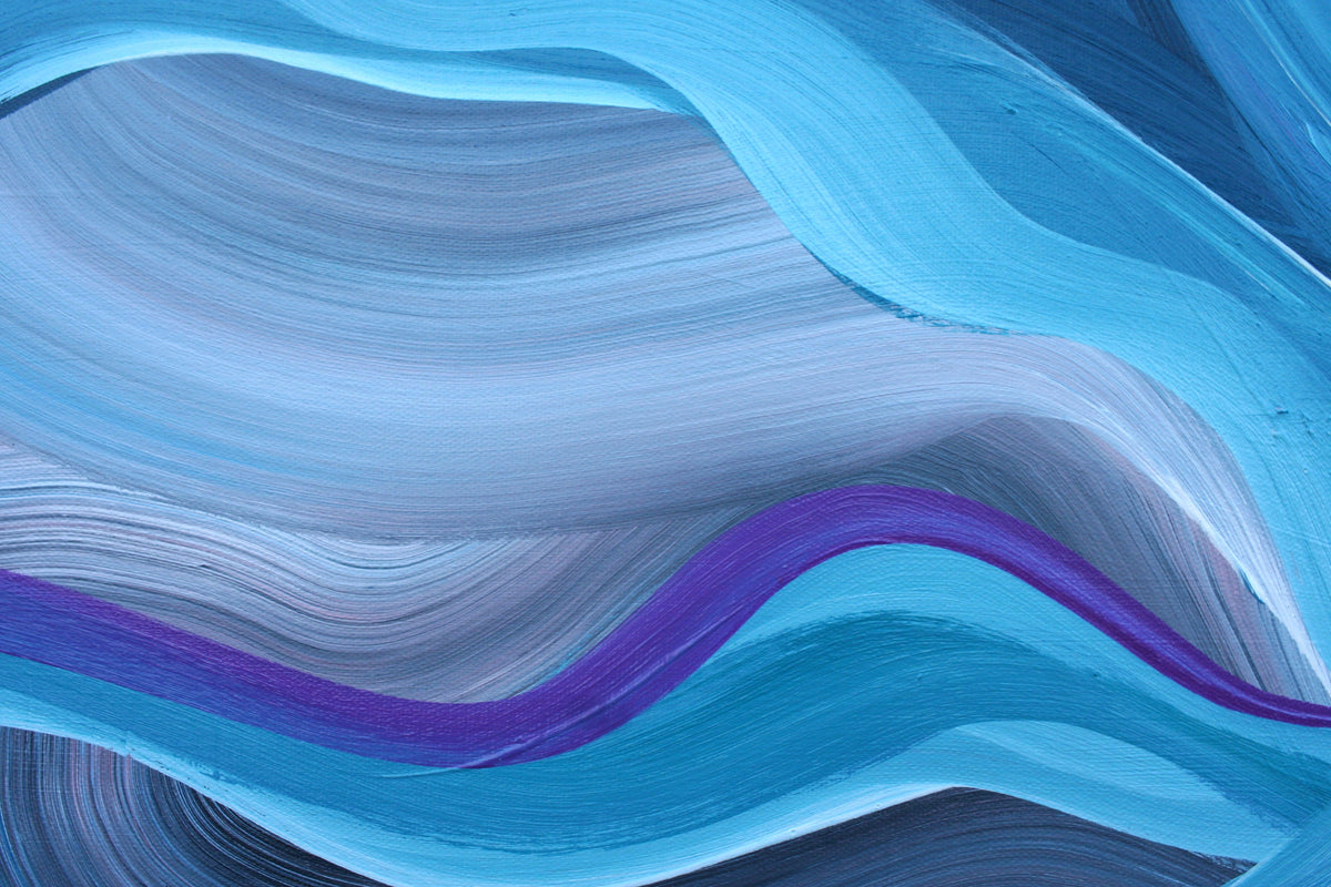 Abstract wavy artwork with layered blue and white forms and a prominent purple curve across the center.