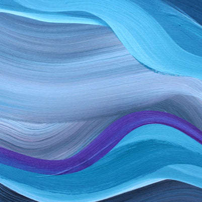 Abstract wavy artwork with layered blue and white forms and a prominent purple curve across the center.