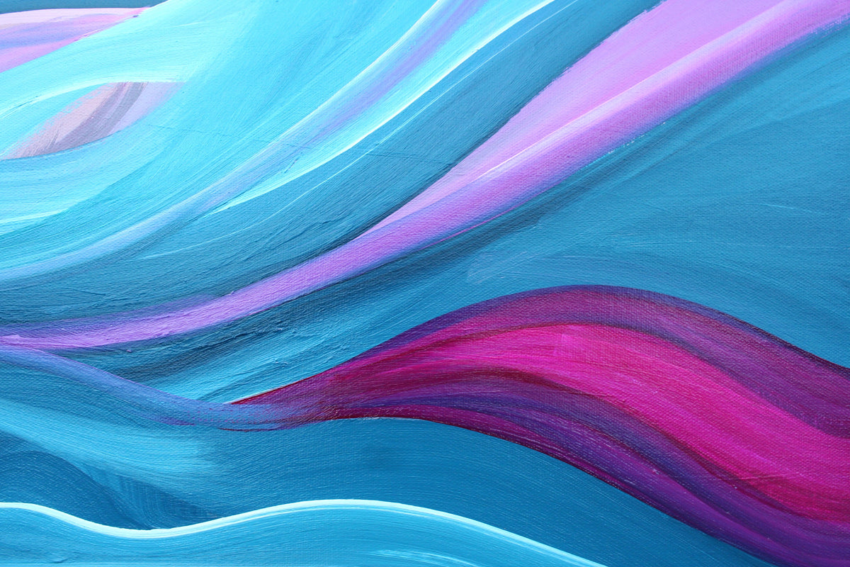 Abstract wavy artwork with flowing bands of bright blue, cyan, purple, and magenta, painted with visible brush texture.
