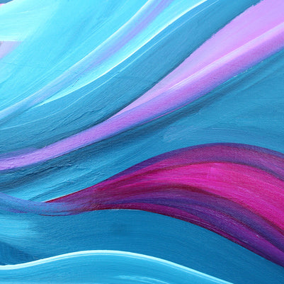 Abstract wavy artwork with flowing bands of bright blue, cyan, purple, and magenta, painted with visible brush texture.