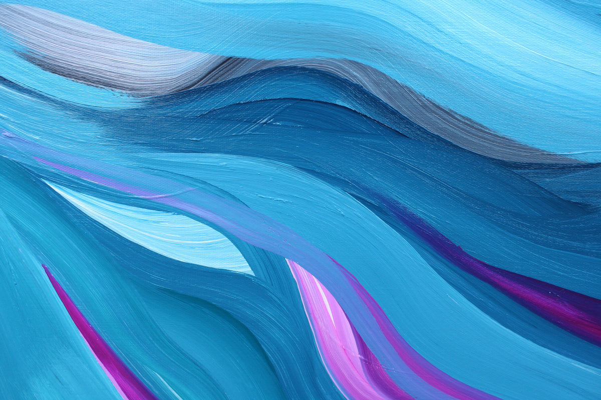 Abstract painted artwork with flowing wave-like forms in bright blue, cyan, teal, and magenta, with visible brushstrokes across the full frame.