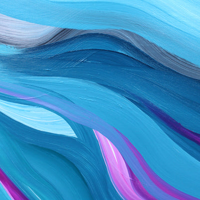 Abstract painted artwork with flowing wave-like forms in bright blue, cyan, teal, and magenta, with visible brushstrokes across the full frame.