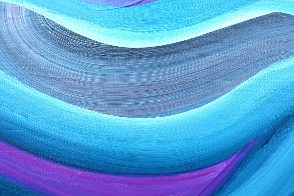 Abstract wavy painted pattern with layered brushstrokes in bright cyan, medium blue, gray, and purple.