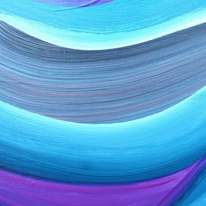 Abstract wavy painted pattern with layered brushstrokes in bright cyan, medium blue, gray, and purple.