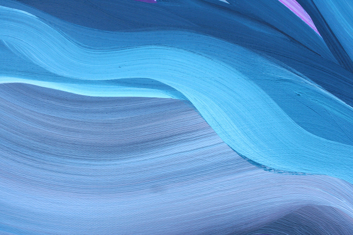 Abstract wavy pattern in shades of blue, cyan, and lavender with smooth layered brush-like curves.