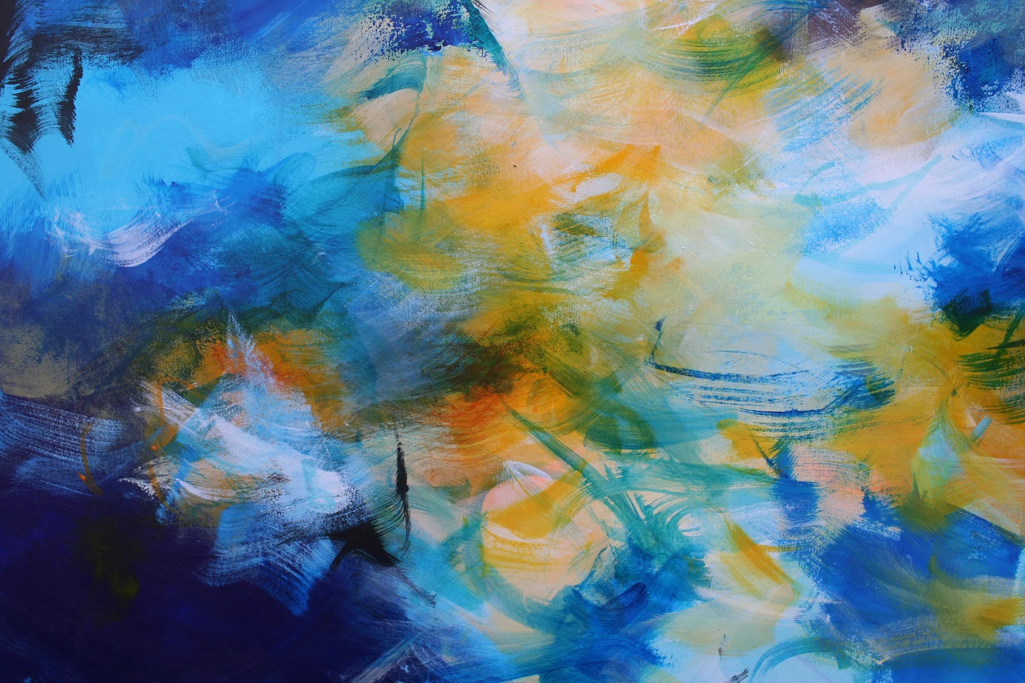 Abstract painting with blue, yellow, and green colors