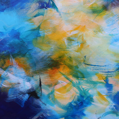 Abstract painting with blue, yellow, and green colors