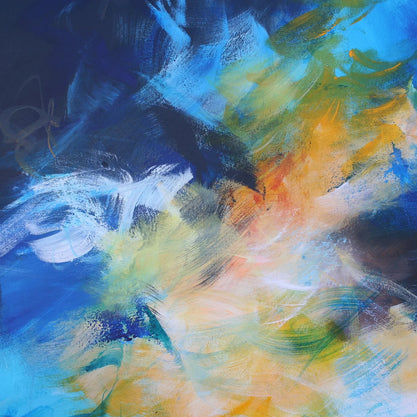 Abstract painting with blue, yellow, and white colors