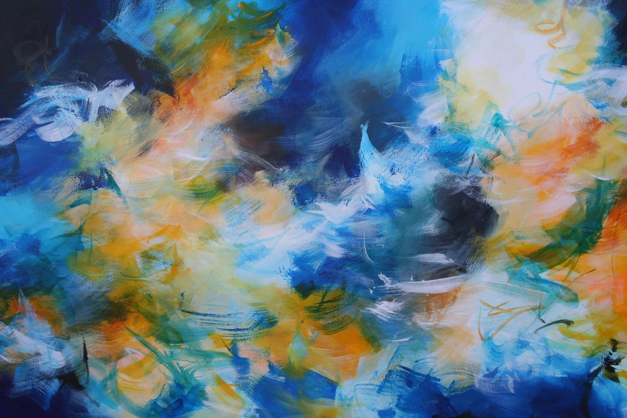 Abstract painting with vibrant colors on a dark background