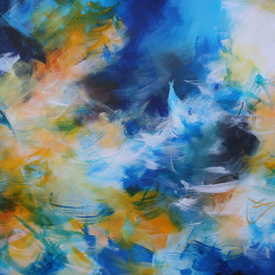 Abstract painting with vibrant colors on a dark background