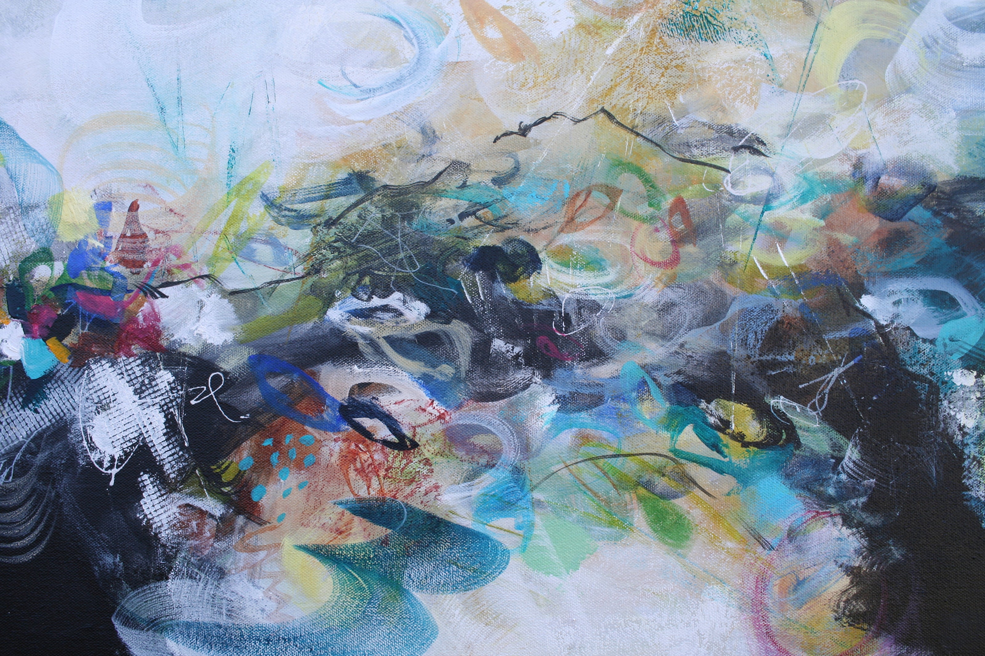 Abstract artwork with a mix of colors and textures