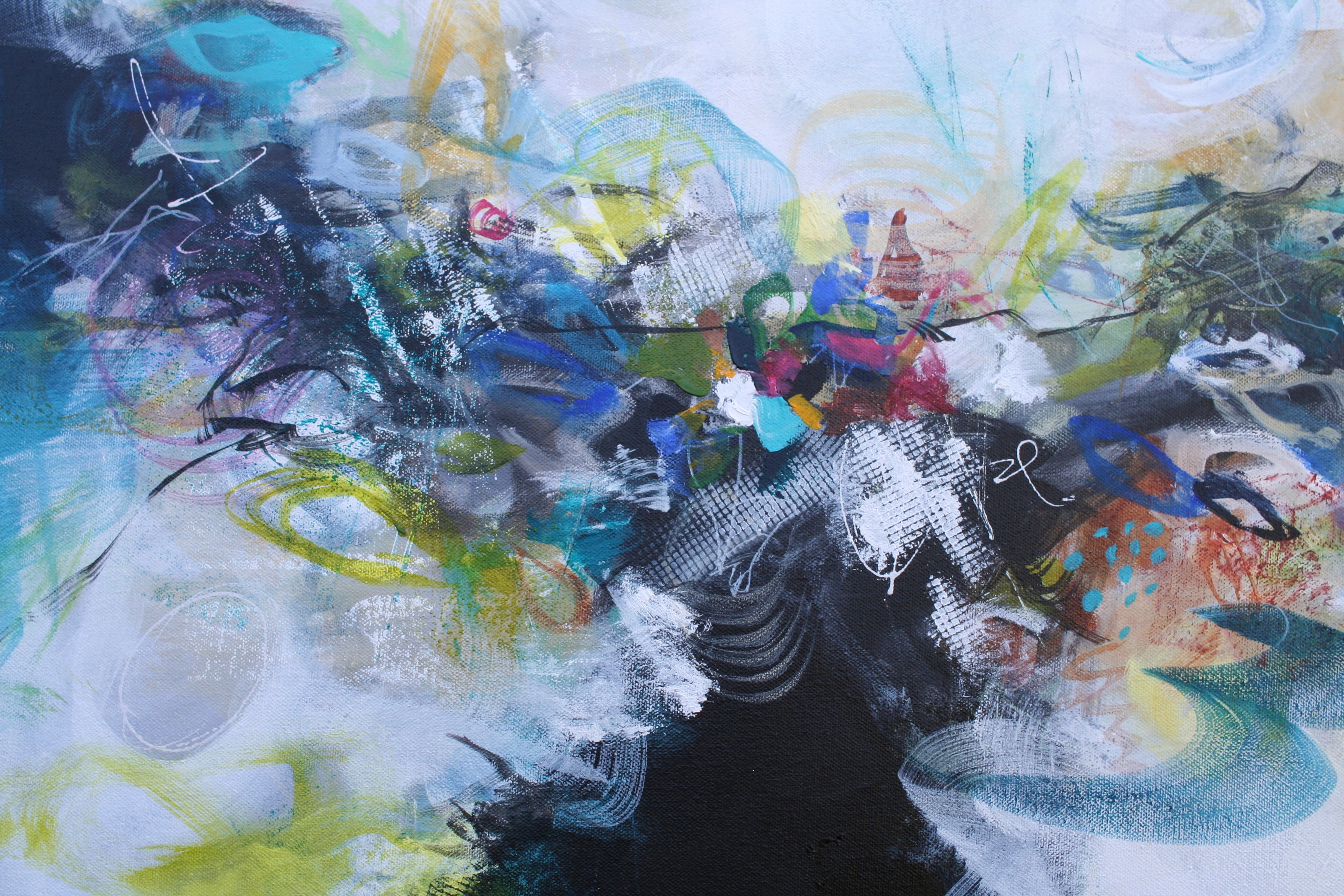 Abstract artwork with a mix of colors and textures