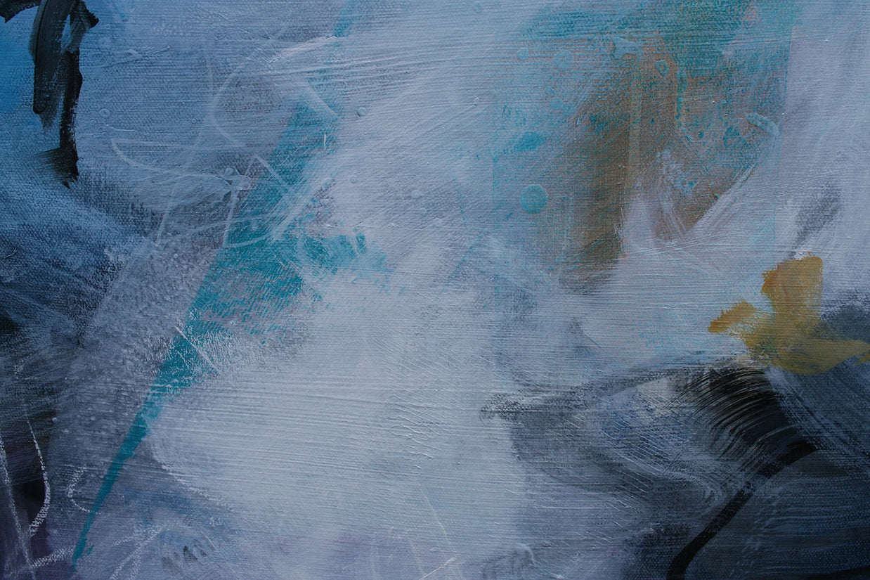 Abstract art with blue, white, and yellow colors on a textured surface