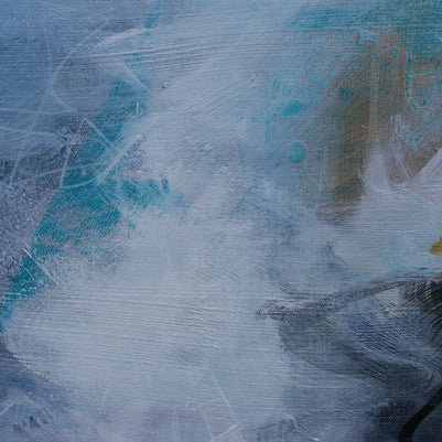 Abstract art with blue, white, and yellow colors on a textured surface