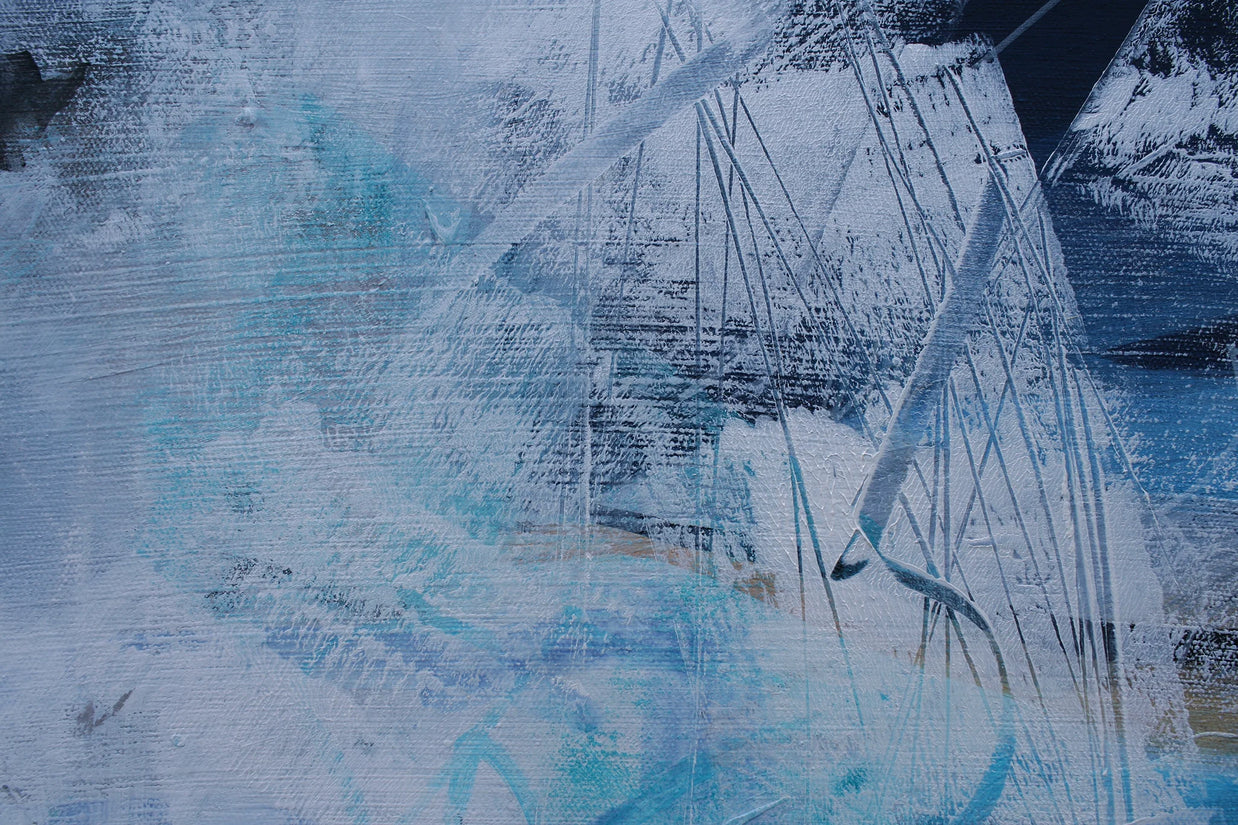 Abstract art with blue, white, and yellow colors on a textured surface