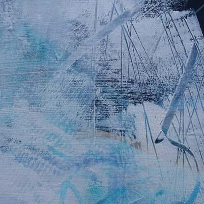 Abstract art with blue, white, and yellow colors on a textured surface
