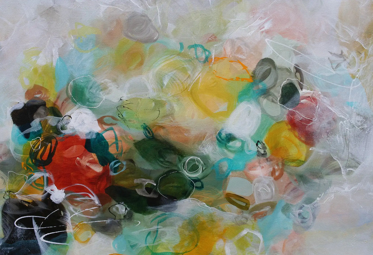Abstract artwork with colorful glass beads on a white background