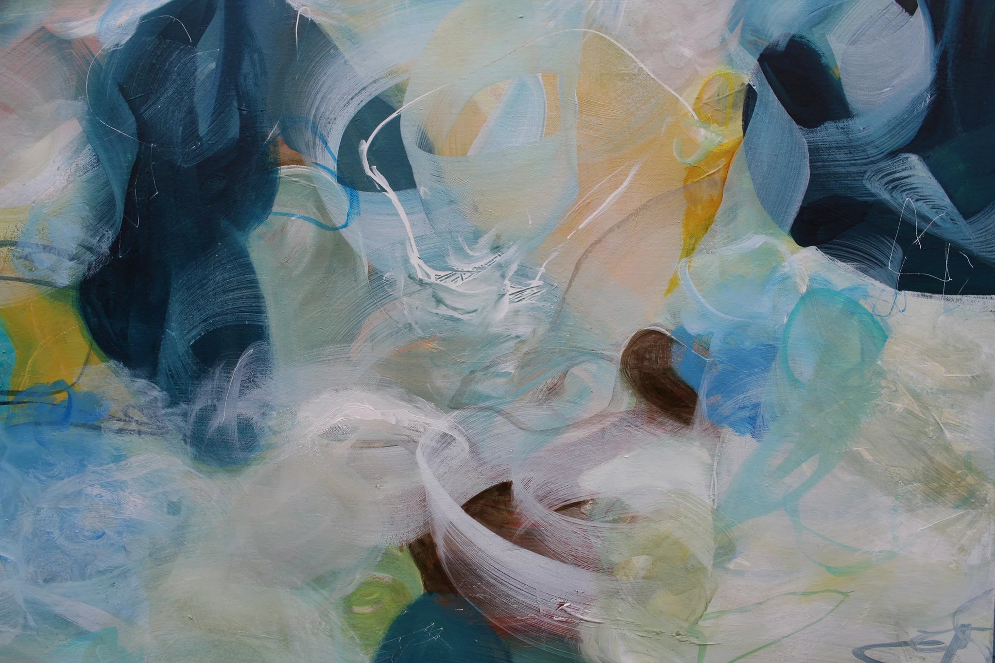 Abstract art with blue, green, and yellow colors