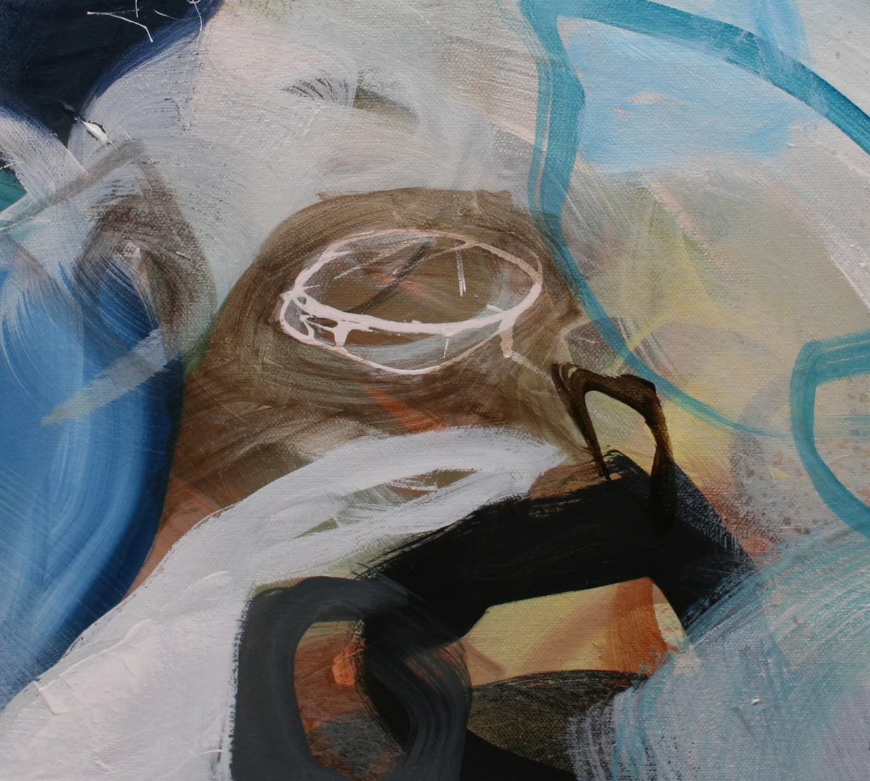 Abstract painting with swirling colors and a central figure.