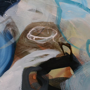Abstract painting with swirling colors and a central figure.