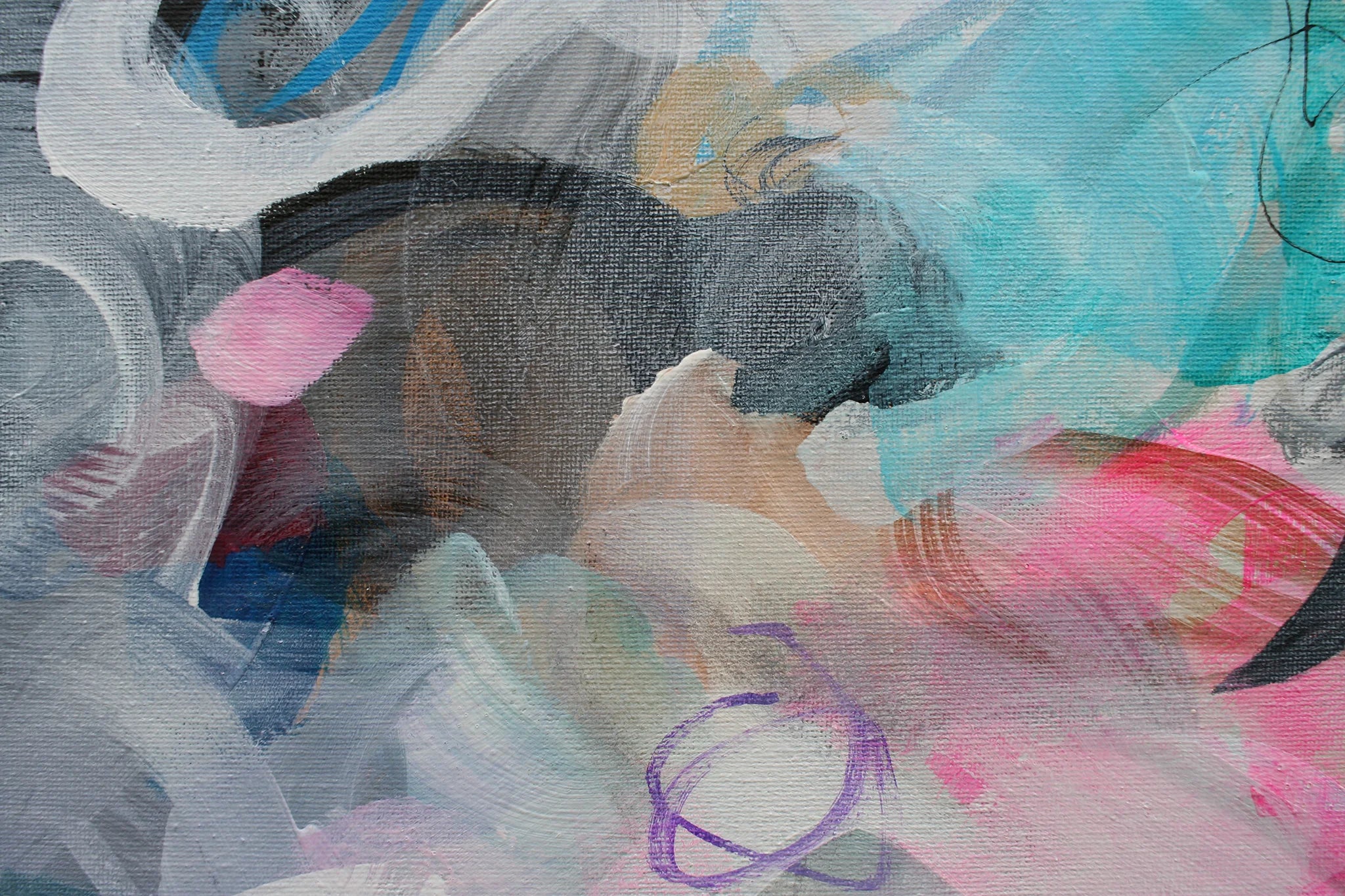 Pink, blue, white, grey, black three panel abstract painting 