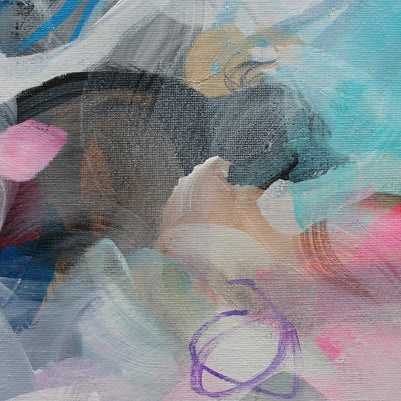 Pink, blue, white, grey, black three panel abstract painting 
