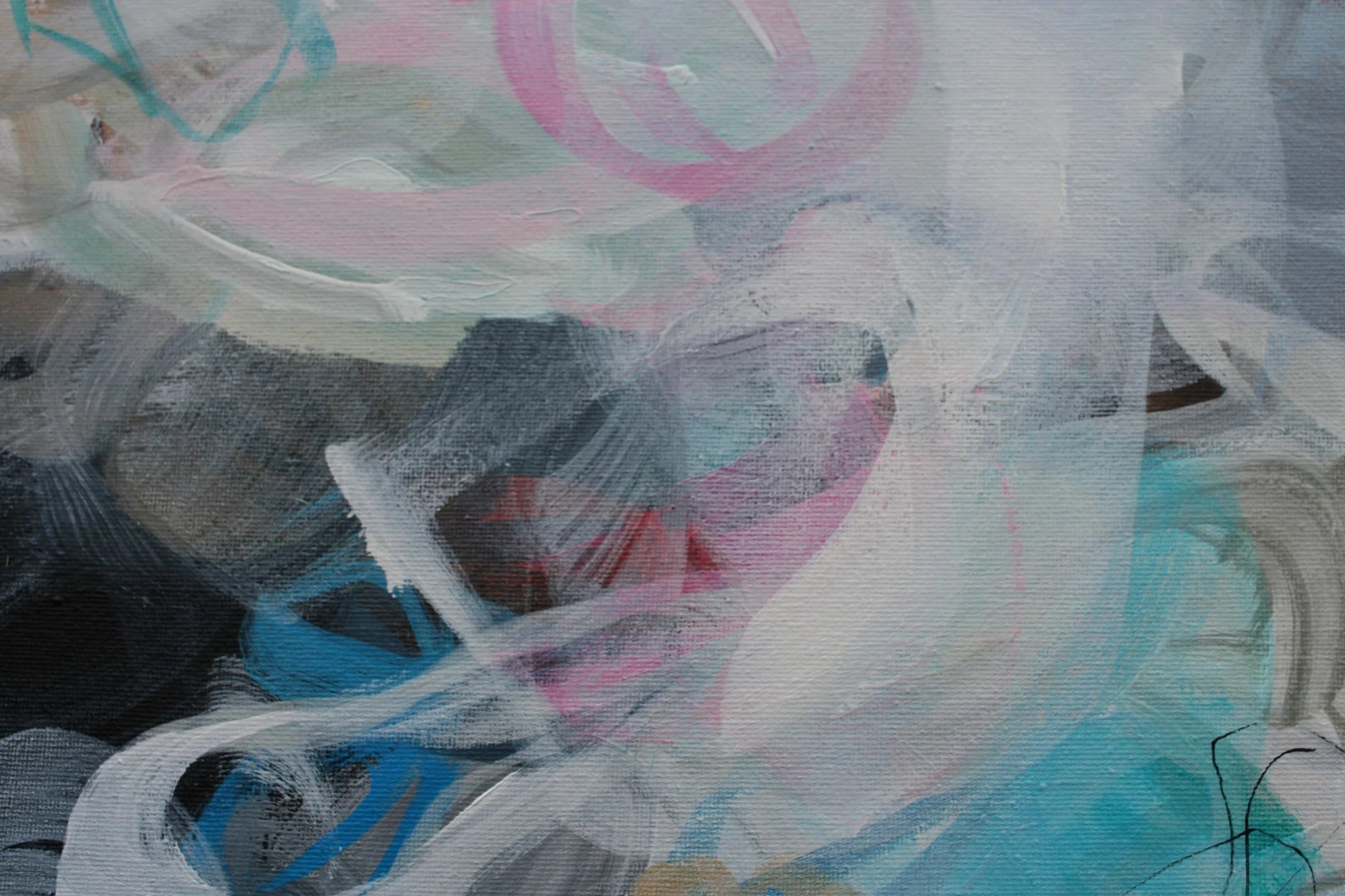 Pink, blue, white, grey, black three panel abstract painting 