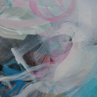 Pink, blue, white, grey, black three panel abstract painting 