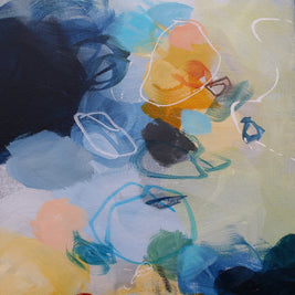 Colourful blue yellow white and greay four panel abstract painting