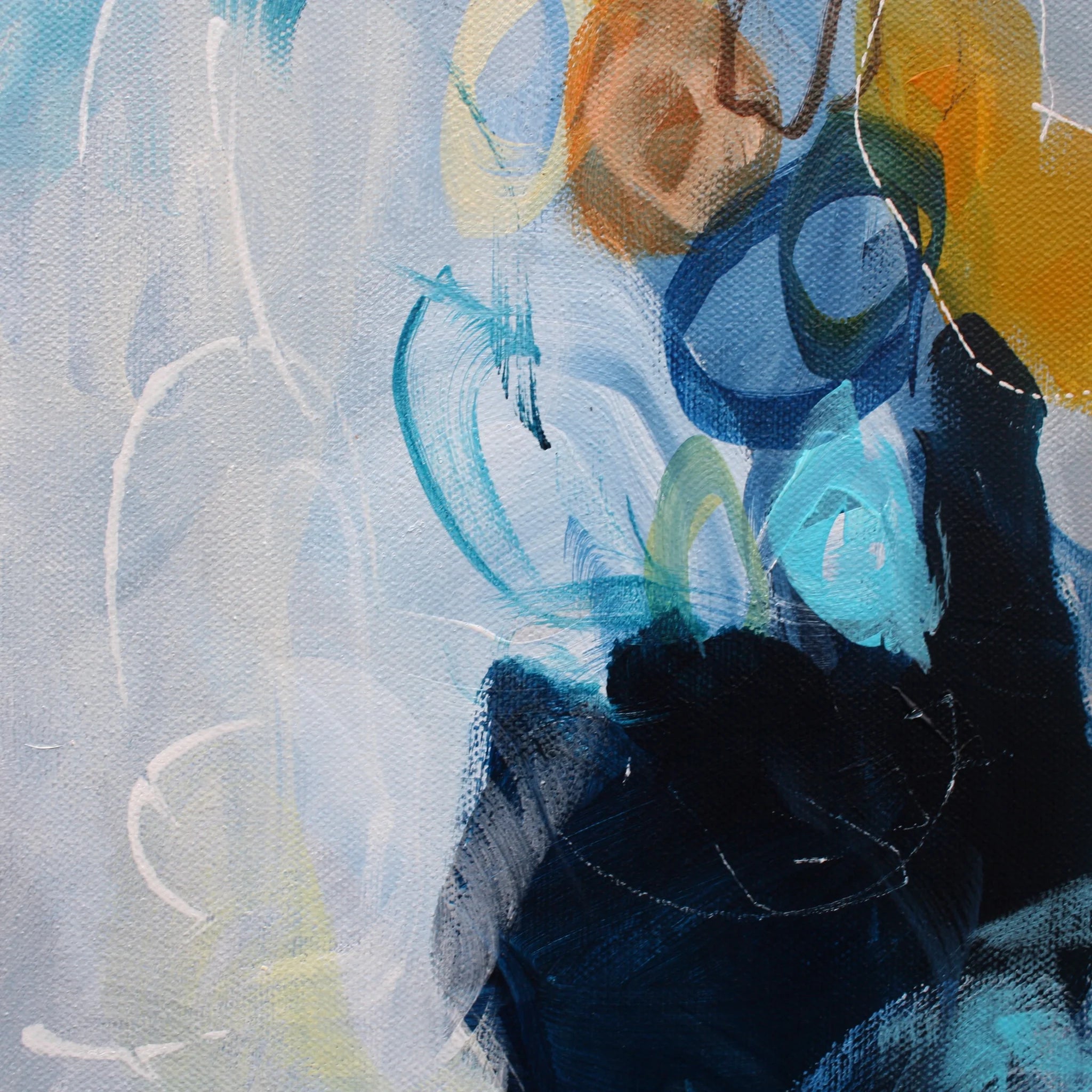 Colourful blue yellow white and gray four panel abstract painting