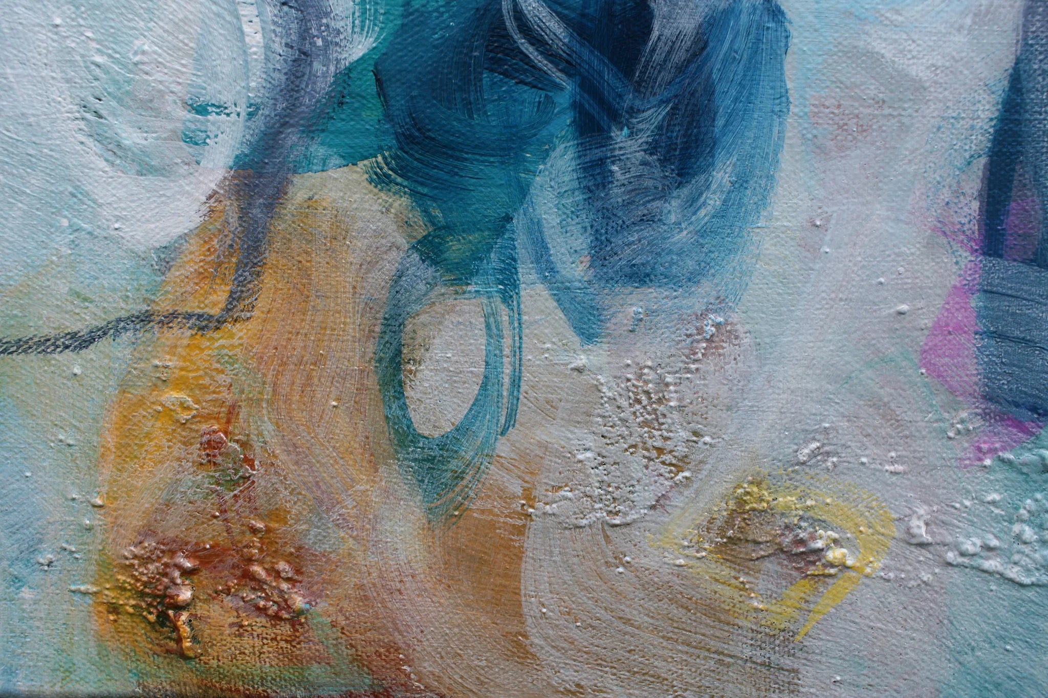 Abstract art with blue, yellow, and white colors on a textured surface