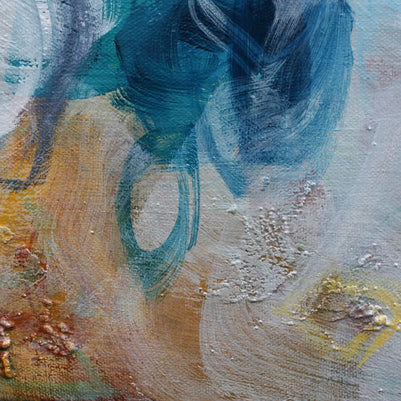 Abstract art with blue, yellow, and white colors on a textured surface
