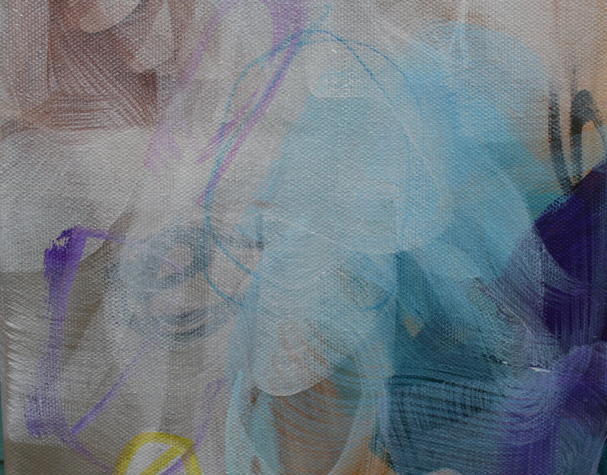 Abstract artwork with blue, purple, and white colors on a textured surface.