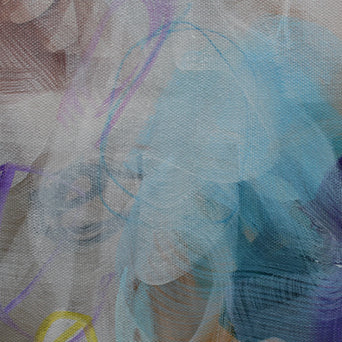 Abstract artwork with blue, purple, and white colors on a textured surface.