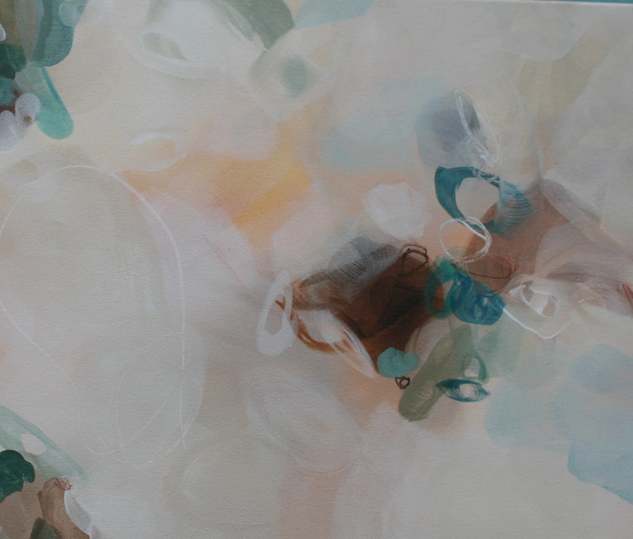 Abstract art with soft colors and a central brown square