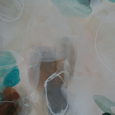 Abstract art with circular shapes in teal, brown, and beige on a textured beige background