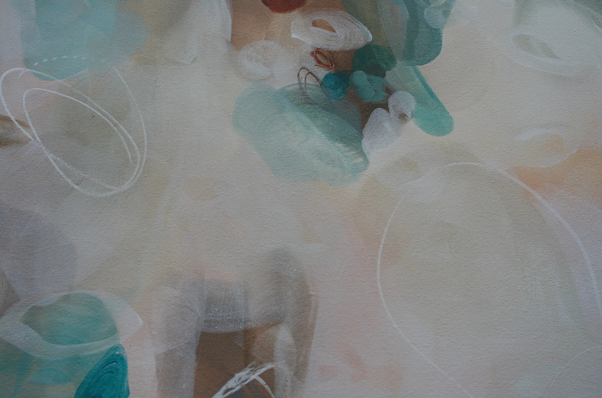 Abstract art with teal, white, and beige colors on a textured surface